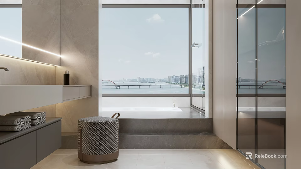 Modern Bathroom Interior Design With Large Window City View Stone Bathtub And Light Stone Flooring 3d model 