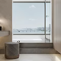 Modern Bathroom Interior Design With Large Window City View Stone Bathtub And Light Stone Flooring