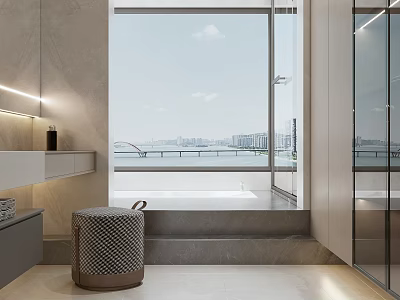 Modern Bathroom Interior Design With Large Window City View Stone Bathtub And Light Stone Flooring 3d model