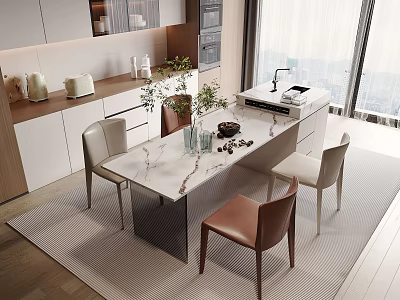 Minimalist Modern Dining Table Set With Marble Top And Four Beige Brown Chairs 3d model