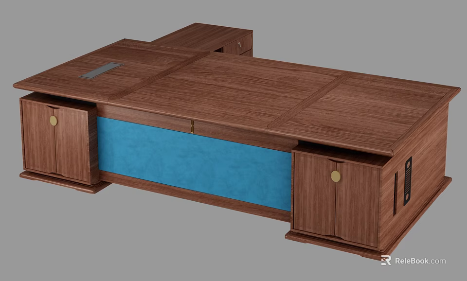 Modern Office Wooden Desk Interior Design with Functional Drawers and Blue Panel 3d model 