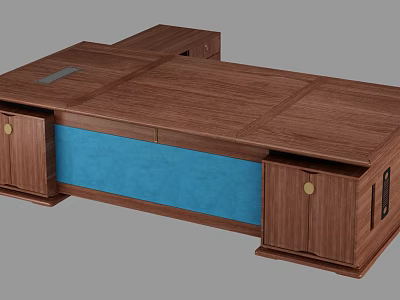 Modern Office Wooden Desk Interior Design with Functional Drawers and Blue Panel 3d model