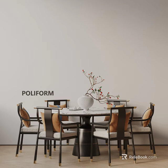 POLIFORM Modern Dining Table Set with Round Table Chairs Decorative Vase and Red Berry Branches 3d model