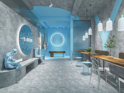 Modern Blue Toned Cafe Interior With Industrial Gray Walls Hanging Lights And Green Plants 3d model