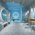Modern Blue Toned Cafe Interior With Industrial Gray Walls Hanging Lights And Green Plants