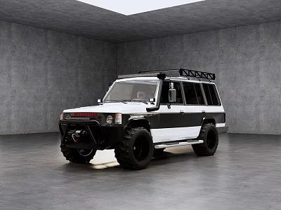 White and Black Off Road Vehicle With Roof Rack and Large Tires in Indoor Setting 3d model