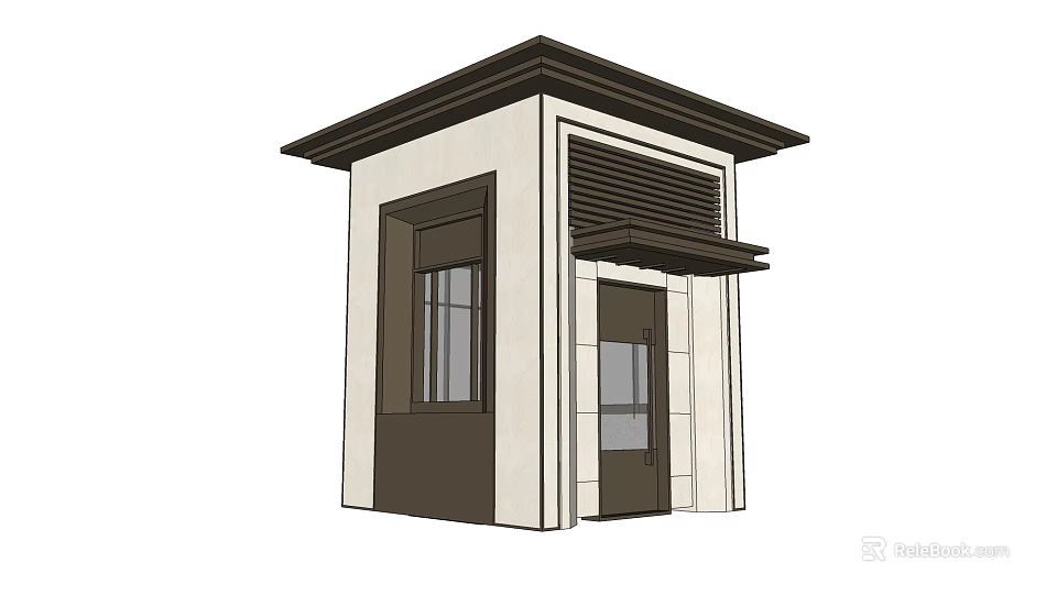 Small Security Guardhouse With Dark Roof Light Stone Walls Wooden Door And Glass Window 3d model 