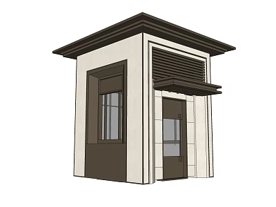 Small Security Guardhouse With Dark Roof Light Stone Walls Wooden Door And Glass Window 3d model