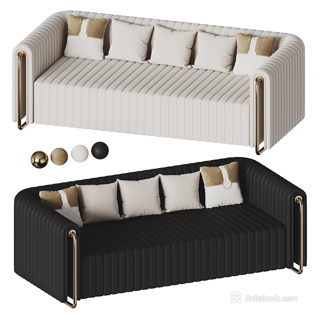 Elegant Modern Multi Seat Sofa In Black And White With Gold Metal Accents And Decorative Pillows 3d model 