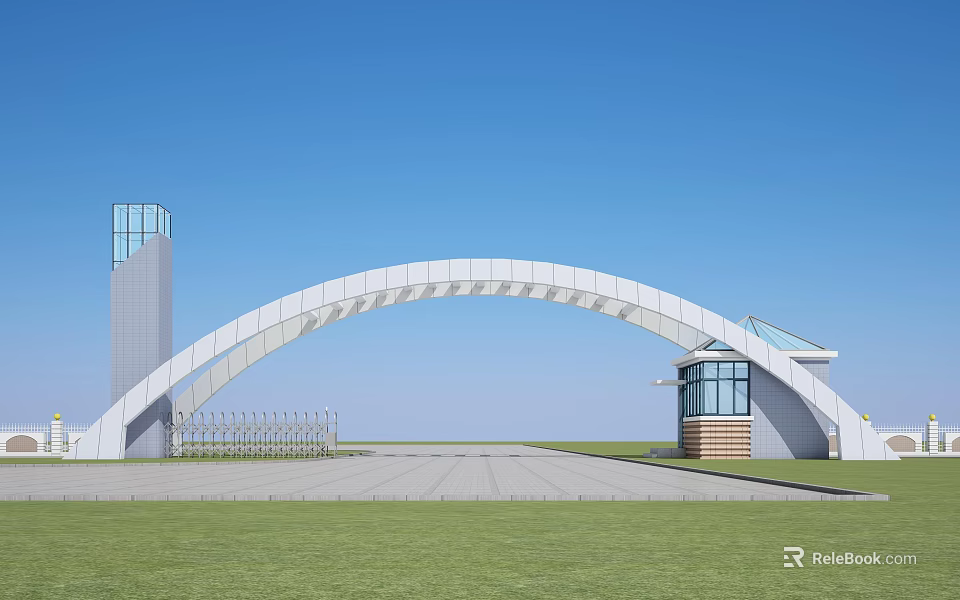 Modern Arched Entrance Gate With Glass Tower Lawn And Paved Ground 3d model 