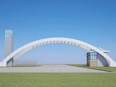 Modern Arched Entrance Gate With Glass Tower Lawn And Paved Ground 3d model