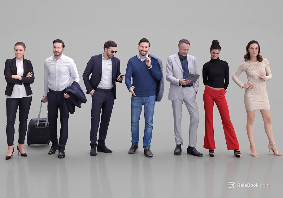 Diverse group of people standing together in different professional and casual outfits against neutral background 3d model 