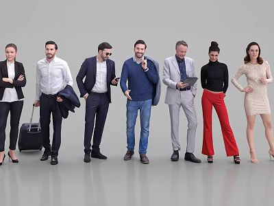 Diverse group of people standing together in different professional and casual outfits against neutral background 3d model