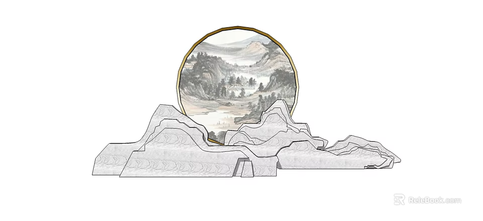 Chinese Style Garden Ornament Featuring Circular Landscape Plate and Stone Mountain Design 3d model 