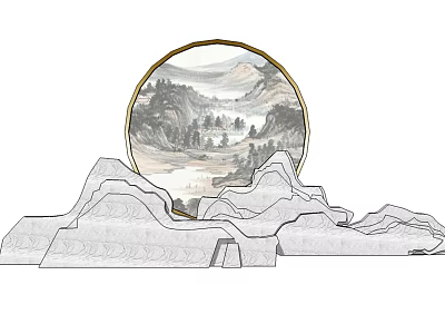 Chinese Style Garden Ornament Featuring Circular Landscape Plate and Stone Mountain Design 3d model