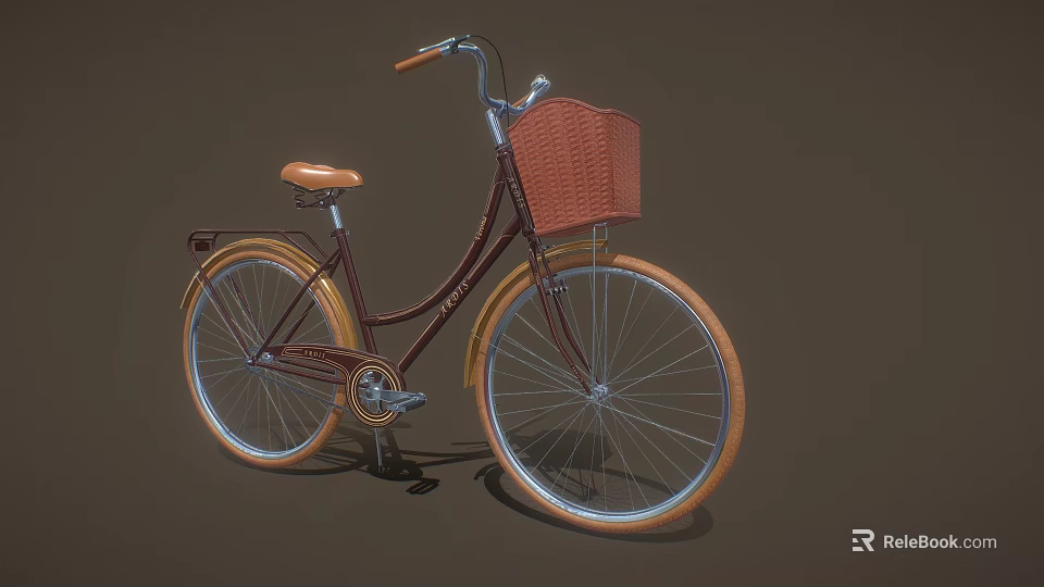 Vintage Style Bicycle With Front Wicker Basket Brown Seat And Orange Rims 3d model 