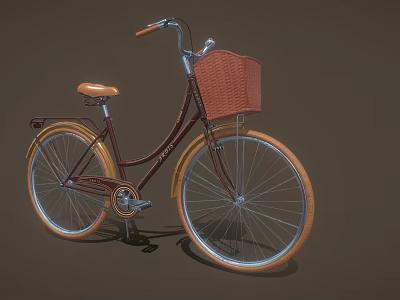 Vintage Style Bicycle With Front Wicker Basket Brown Seat And Orange Rims 3d model