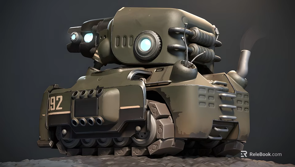 Cartoon Style Green Military Tank With Tracks Number 92 And Circular Lights 3d model 