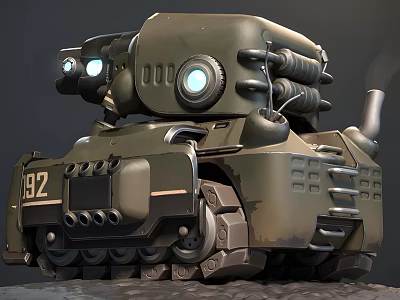 Cartoon Style Green Military Tank With Tracks Number 92 And Circular Lights 3d model