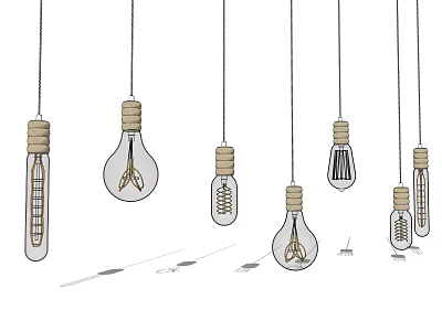 Various Vintage Bulb Pendant Lights with Clear Glass and Wooden Bases Hanging Modern Space 3d model