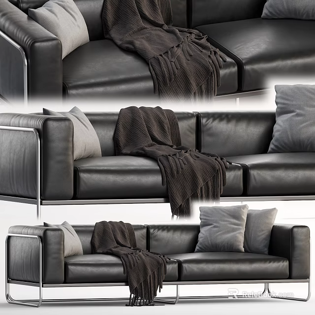 Black Leather Two Seater Sofa with Brown Throw Blanket and Gray Pillows 3d model
