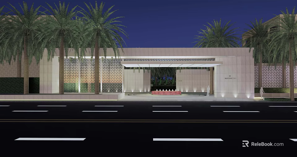 Modern Entrance Gate With Palm Trees Canopy And Illuminated Facade At Night 3d model 