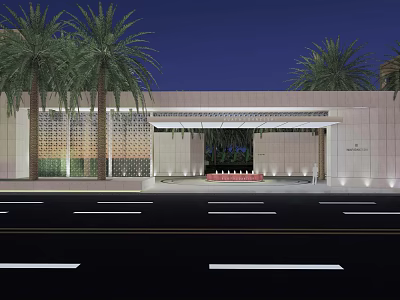 Modern Entrance Gate With Palm Trees Canopy And Illuminated Facade At Night 3d model