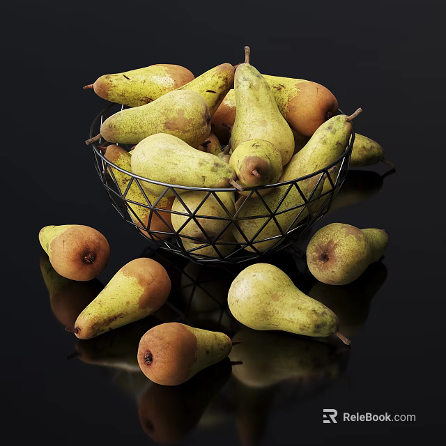Fresh Ripe Pears in Metal Wire Basket with Scattered Ones on Black Background 3d model 