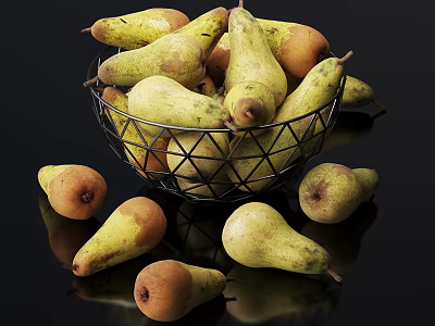 Fresh Ripe Pears in Metal Wire Basket with Scattered Ones on Black Background 3d model