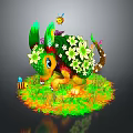 Green Turtle Adorned with White Flowers Bees and Butterflies on Lush Grass with Eggs