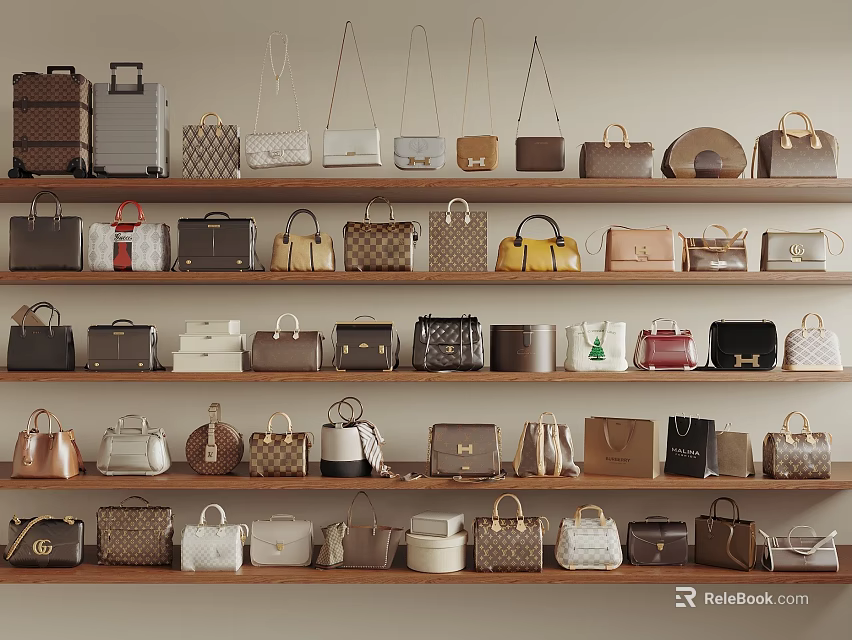 Various Bags And Suitcases In Different Styles And Colors Neatly Arranged On Wooden Shelves 3d model 