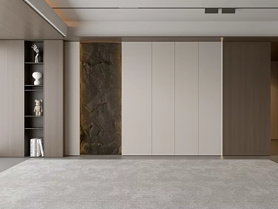 Modern Minimalist Living Room With Gray Carpet Wooden Bookshelf And Textured Dark Accent Wall 3d model