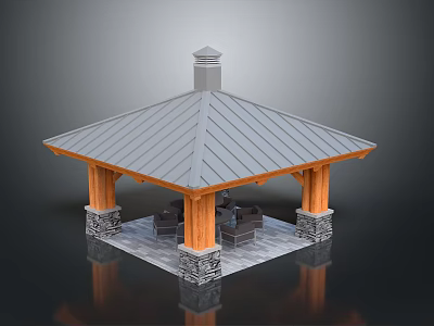 Open Pavilion Structure With Gray Slate Roof Wooden Columns Stone Bases And Seating Area 3d model