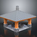 Open Pavilion Structure With Gray Slate Roof Wooden Columns Stone Bases And Seating Area