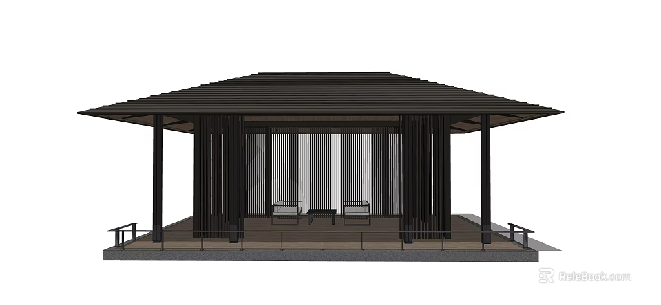 Modern Pavilion Design With Black Roof Vertical Slats Platform Chairs And Table Railing 3d model 