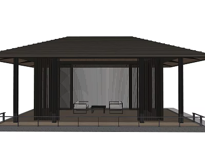 Modern Pavilion Design With Black Roof Vertical Slats Platform Chairs And Table Railing 3d model
