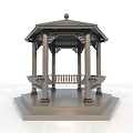 Octagonal Wooden Canopy With Decorative Top Pillars Benches And Stone Base