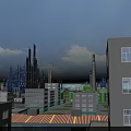 Industrial Plant Exterior With Tall Chimneys Piping Structures Green Storage Tanks Buildings And Blue Sky