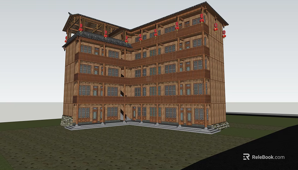 Ancient Wooden Architecture Multi story Structure With Traditional Windows And Decorations 3d model 