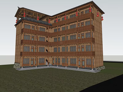 Ancient Wooden Architecture Multi story Structure With Traditional Windows And Decorations 3d model
