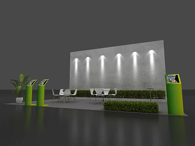 Modern Exhibition Booth With Gray Wall Recessed Lights Green Display Pillars And White Seating 3d model