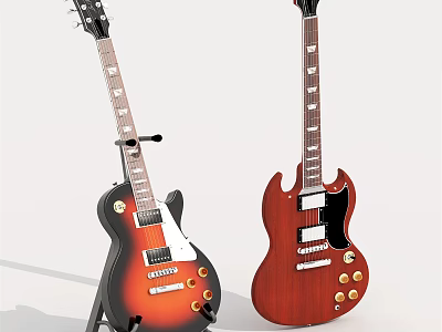 Two Electric Guitars On Stand With Classic Design And Wooden Finish 3d model