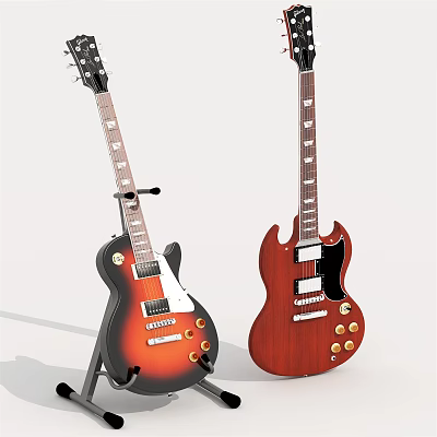 Two Electric Guitars On Stand With Classic Design And Wooden Finish 3d model