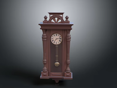 Antique Brown Grandfather Clock With Roman Numeral Dial Carved Top And Pendulum 3d model