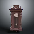 Antique Brown Grandfather Clock With Roman Numeral Dial Carved Top And Pendulum