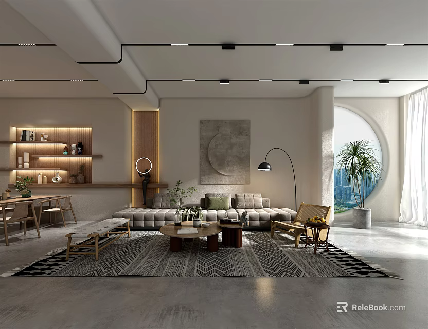 Modern Living Room Interior With Sofa Coffee Table Rug And Circular Window 3d model 