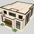 Beige Stone Sales Office Building With Central Glass Doors Side Windows And Decorative Grille