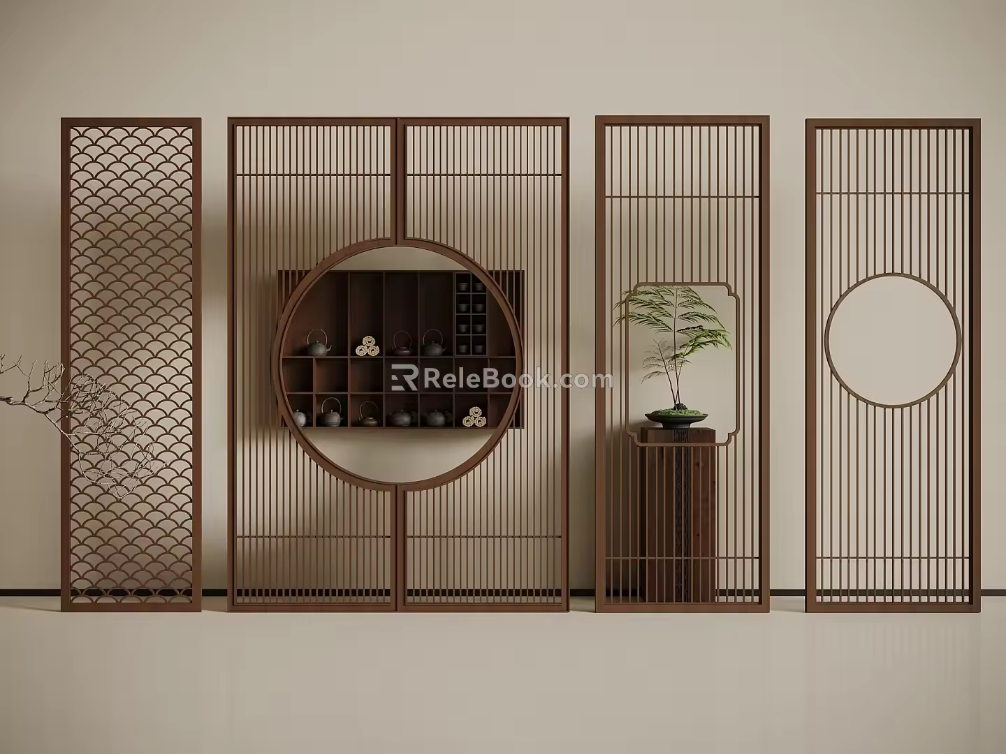 New Chinese Style Screen Partition Wooden Screen Partition Potted Plant 3d model