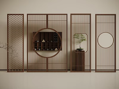 New Chinese Style Screen Partition Wooden Screen Partition Potted Plant 3d model