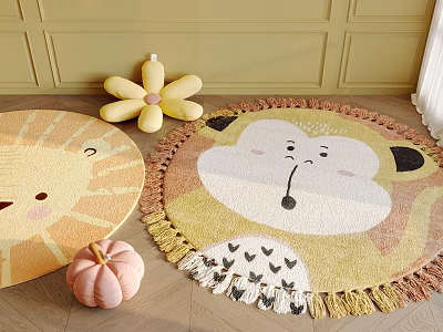 Cute Animal Pattern Circular Rugs With Flower Pillow And Pumpkin 3d model